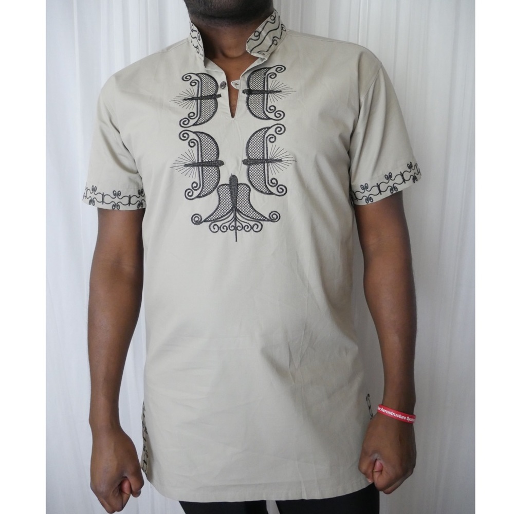 Men’s African Embroidered Dashiki - Grey/Tan